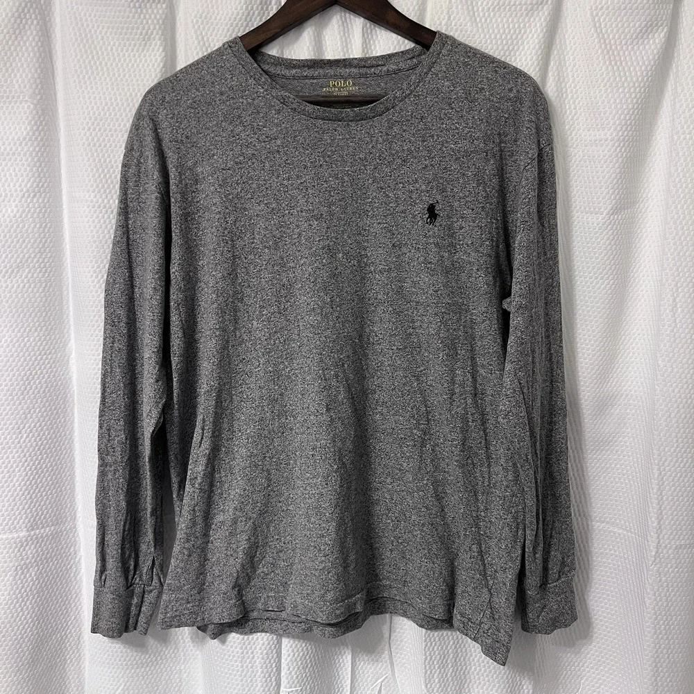 Polo Ralph Lauren Long‎ Sleeve Heather Gray Navy Blue Embroidered Pony Medium EC